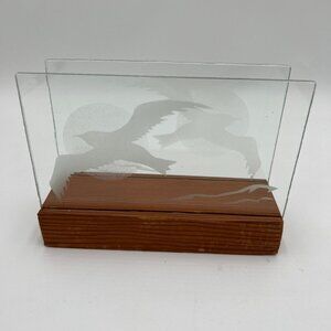 Napkin Holder With Glass Engraving seagull sun etched glass Wood vase Vintage